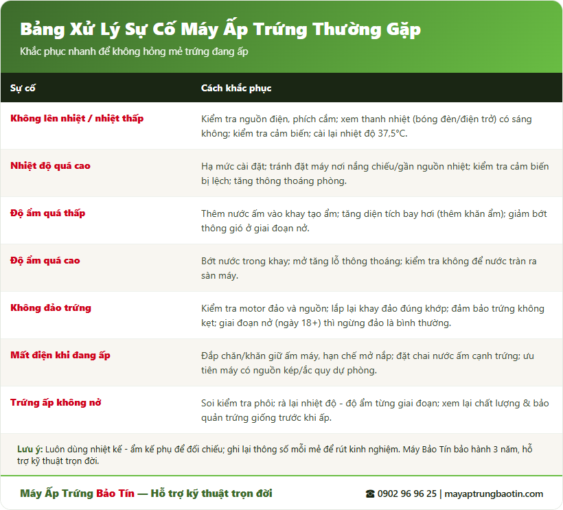 Bảng xử lý sự cố máy ấp trứng thường gặp và cách khắc phục - Bảo Tín